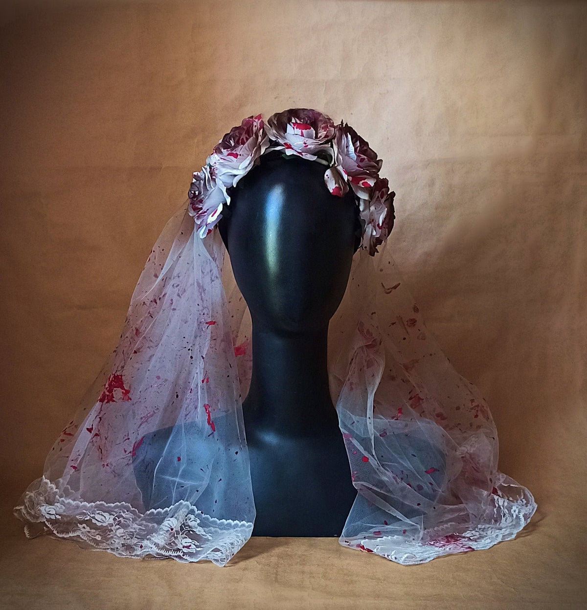 White Veil with Bloody White Roses Gothic Veil and Gloves