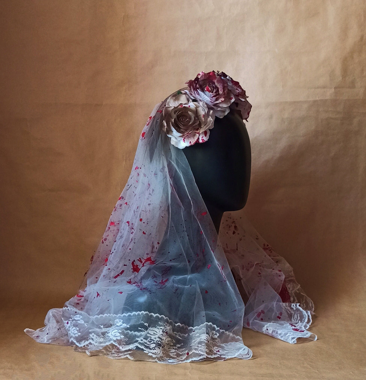 White Veil with Bloody White Roses Gothic Veil and Gloves