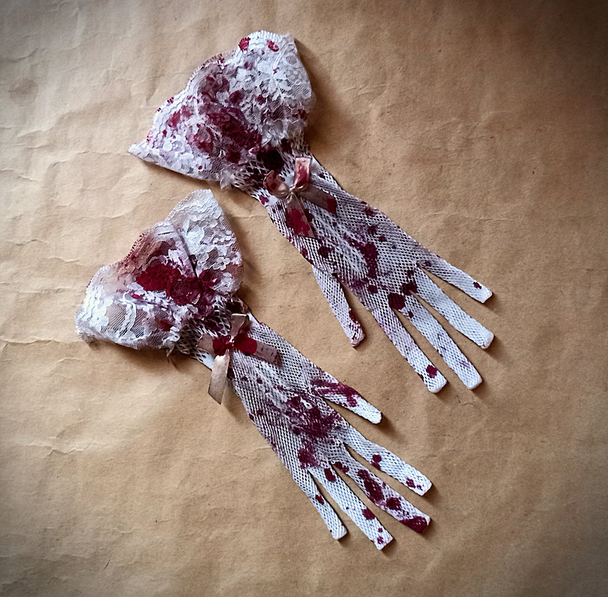 White Veil with Bloody White Roses Gothic Veil and Gloves