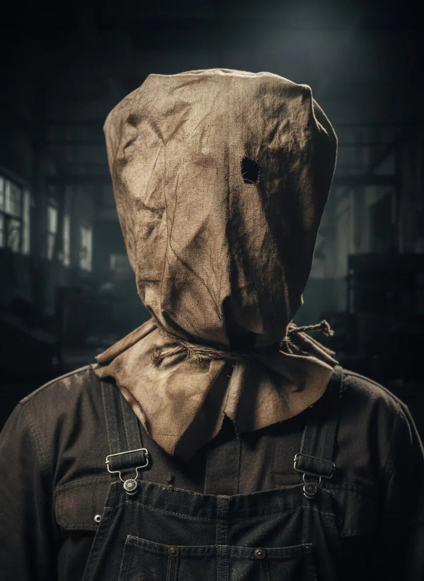 Handgefertigte Leinwand-Sackmaske, verwittertes Horrorkostüm