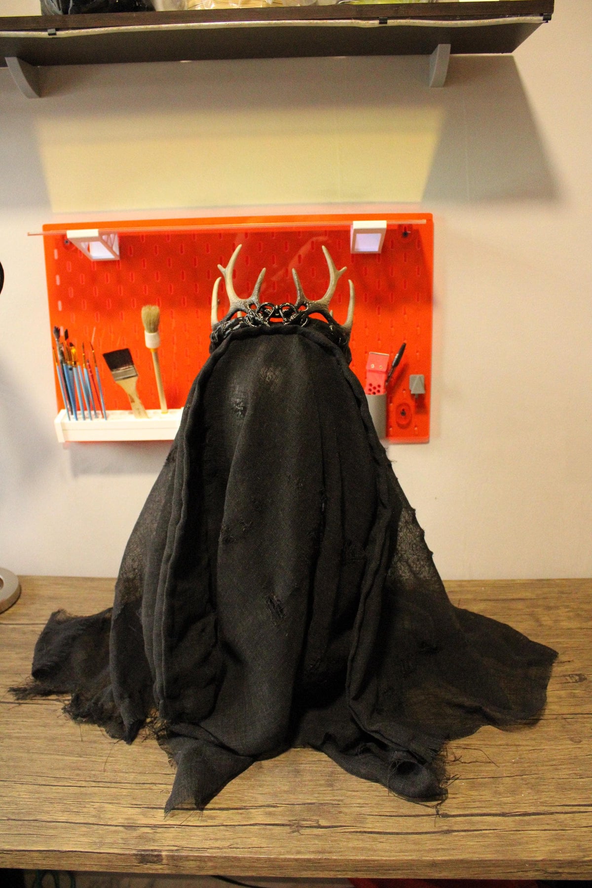Dark Fantasy Antler Crown with Tattered Black Hood